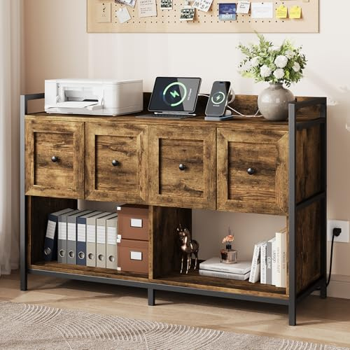 Filing Cabinet for Home Office, 43 Wood File Cabinet with Power Outlet, 2 Drawers, 2 Storage Shelves, Rustic Brown Lateral File Storage Fits Legal/Letter/A4 Size, Printer Stand w/ Bookshelf Organizer