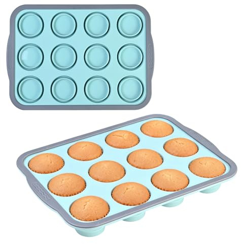 Astralong 2 Pezzi Teglia per Muffin da 12, Antiaderente 31x22,2x3,6 cm Stampo per Muffin da Forno Silicone con Struttura in Metallo, Pieghevole Stampi per muffin Cupcake Budini (Blu)