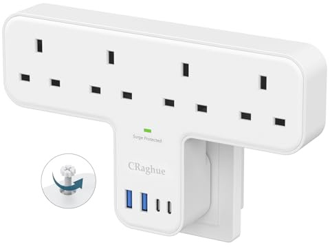 CRaghue Multi Plug Adapter, 8 in 1 Plug Extension Socket 4 Way with 4 USB, Plug Adapter UK, Wall Socket Plug Extender for School Home, Kitchen, Office, White