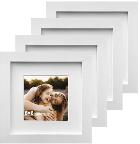 Eulihent Set di 4 Cornici Foto 15x15 cm Cornice Portafoto Quadrata in Legno MDF con Vetro Acrilico Passepartout per Montaggio a Parete o Tavolo (Bianco)