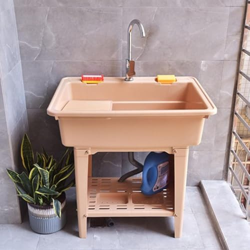 Fregadero De Lavandería De Plástico Independiente, palangana portátil de plástico con kit de desagüe, grifo de agua fría y caliente para sótanos, cuartos de servicio y limpieza(Orange,80 * 56 * 80cm)