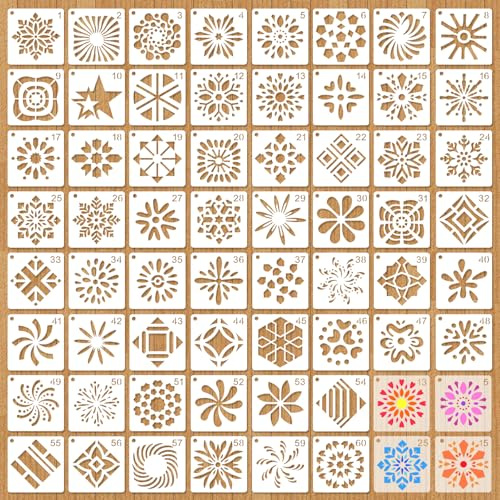 MWOOT 60 Piezas Plantilla Mandala para Pintura, Diseño Floral y Geométrico en Plástico DIY, Modelo de Dibujo Reutilizable para Piedra, Tela, Pared y Lienzos Decorativos (5x5 cm)