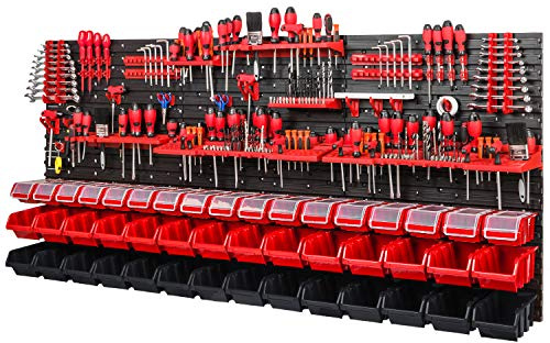 Werkzeugwand Lagersystem - 1728 x 780 mm - Lochwand SET mit Werkzeughaltern und Stapelboxen mit Deckel - Wandregal Werkstattregal Schüttenregal Sichtlagerkästen (Rot/Schwarz)