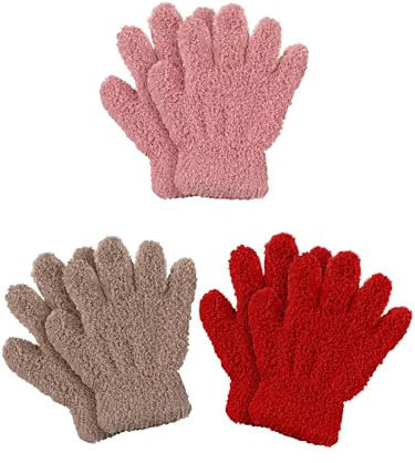 Geyoga 3 Paar Kinder Strickhandschuhe Winter Warme Vollfinger Handschuhe (Hellrosa, Rot, Khaki, S)