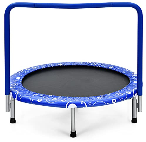 GYMAX Trampoline Pliable pour Enfants ∅92, Mini Trampoline Extérieur et Intérieur avec Housse de Sécurité Rembourrée et Poignée Couverte, Charge 150 KG (Bleu)
