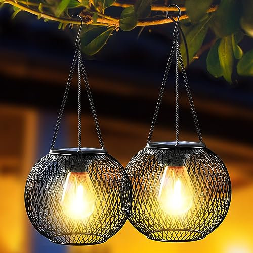 Ortiny Solar Lights Outdoor Garden Waterproof IP65 Garden Ornaments Outdoor Solar Hanging Lanterns 2 Pack Metal Lamps Outdoor Holiday Decorations for Patio Lawn Table Fence Warmwhite