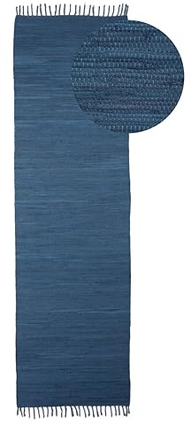 carpetfine Flickenteppich Kelim Chindi Uni Läufer Blau 80x300 cm, handgewebt | Fleckerlteppich aus Baumwolle für Wohnzimmermit Fransen