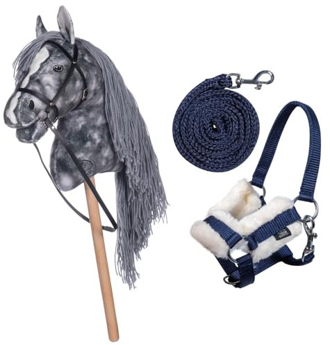 HKM Kids Hobby Horse, Apfelschimmel, Grau, mit Halfter und Führstrick in Blau, Steckenpferd für Kinder, Pferde Spielzeug