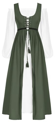 SCARLET DARKNESS Women 2Pcs Renaissance Maxi Dresses off Shoulder Short Sleeve Lace-up Irish Costume with Over Dress