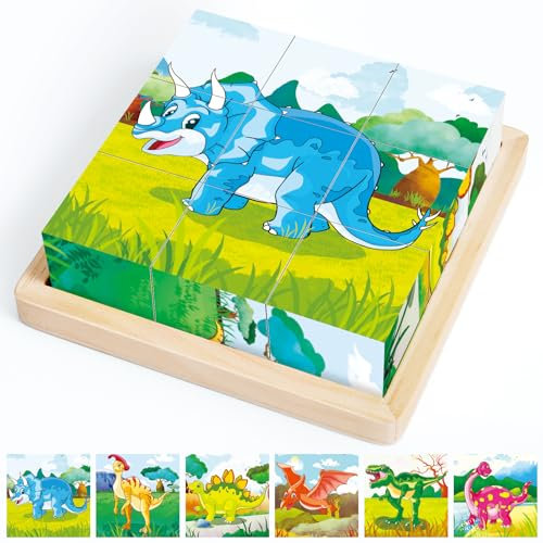 Würfelpuzzle Holz, Bilderwürfel Puzzlespiele, Dino Puzzle Holz für Kleinkinder, Montessori Spielzeug Bilderwürfel Holzspielzeug, Greifpuzzle Motorikspielzeug, Geschenk für 2 3 4 Jahren Jungen Mädchen
