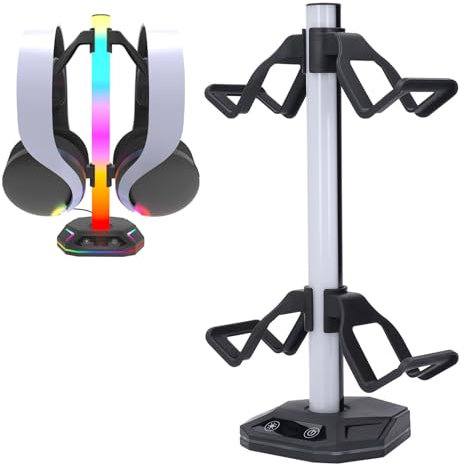Headsetställ med Ljuslägen, RGB-hörlursställ med 2 USB- och 1 USB C-portar, Multifunktionell hörlurs- och Spelkontrollhållare för Stationär Spelare