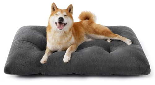Bedsure Dog Crate Bed Washable Large - 89x58x8cm Comfort Fluffy Dog Mattress with Anti Slip Bottom, Warm Pet Pillow Cushion for Large, Grey