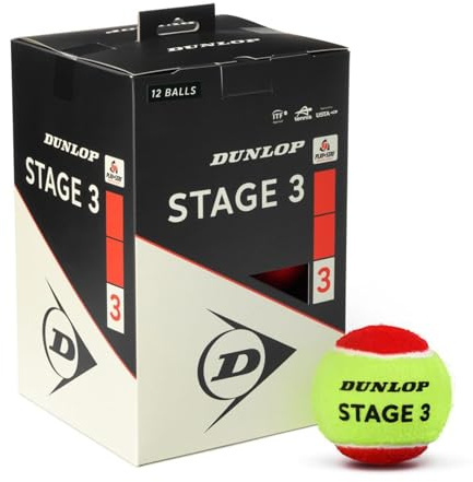 DUNLOP Pallina da tennis Stage 3 rossa, per bambini e principianti sul campo piccolo, 12 palline