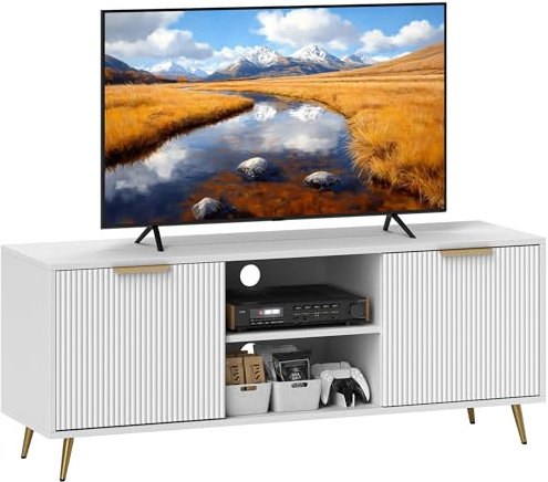 HOMCOM Mueble de TV Moderno para Salón con 2 Compartimentos Abiertos y 2 Puertas, Mueble para Televisión de 55 Pulgadas, 120x35x48 cm, Blanco