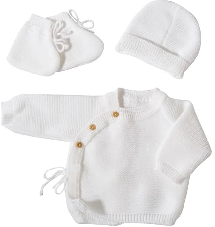 TROIS KILOS SEPT - Ensemble Naissance 3 Pièces, Brassière Cache Coeur, Bonnet et Chaussons en Maille Douce, Blanc, 0/1 Mois