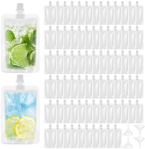 Akamino 100 sacchetti per bevande da 100 ml per festival, in plastica ricaricabili con 4 imbuti, a prova di perdite, trasparenti, per alcol, succhi di frutta, liquidi, contenitori per bevande fredde e