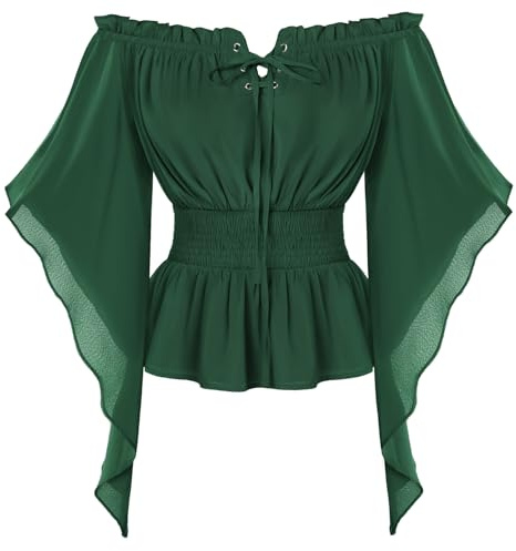 SCARLET DARKNESS Women Victoria Ruffle Blouse Elegant Long Pointed Sleeve Country Blouse Green L