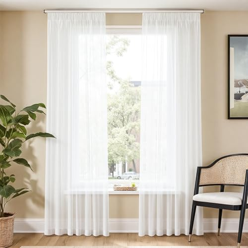 TOPICK White Net Curtains for Bedroom Window 90 Inch Drop, Semi Transparent Voile Curtains & Drapes for Living Room, Soft Sheer Pencil Pleat Curtain 2 Panels for Patio Door, Nursery, W55 x L90 Inch