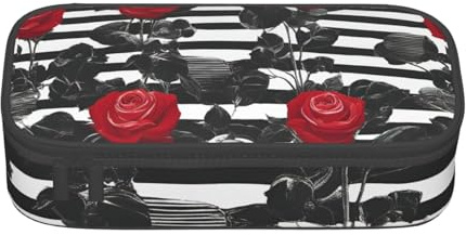 DDSFvbv Black White Stripes Red Rose Flowers Pencil Case - Student & Office Supplies - Item Storage Bag- Makeup Bag- Large Stationery Bag