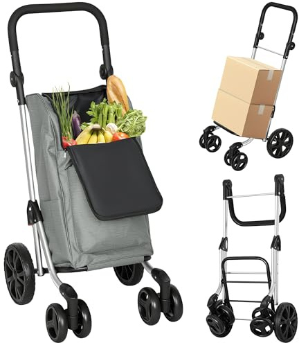 HOMCOM Carrito de Compra Plegable de 46 L de Aluminio con Bolsa Térmica, Carro de la Compra 3 en 1 con 6 Ruedas y Asa Ajustable, para Supermercado, Gris
