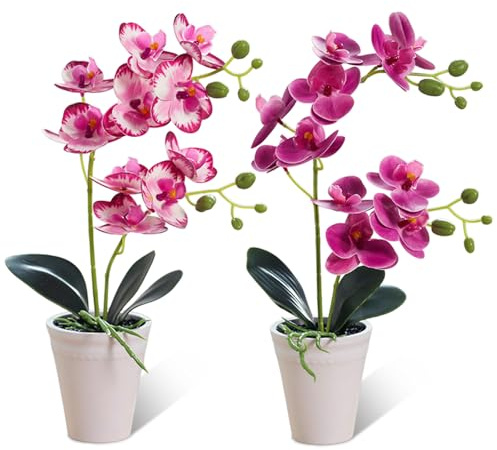Vaskula Orchideen künstlich 2 Stück Künstliche Orchideen im Topf 40cm Kunstblumen wie Echt Phalaenopsis Dekoblume Inklusive Töpfe Pflegeleicht für Wohnzimmer Büro Deko（Lila/Rosenrot）