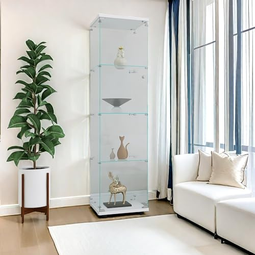 Zorvani Vitrina de cristal de pie con 4 capas, vitrina de pie en vidrio templado, moderna vitrina de madera para coleccionables, libros, vino, para oficina, salón, cocina, 164 x 42,5 x 36,5 cm (blanco