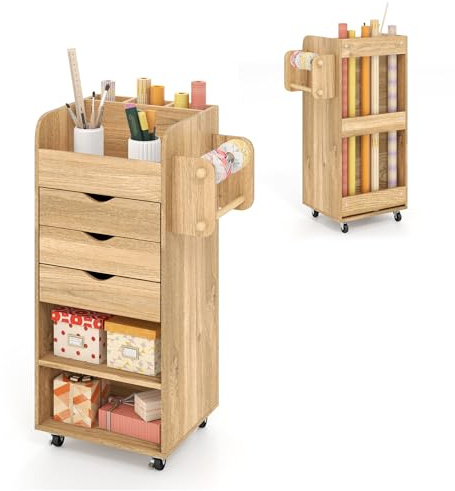 COSTWAY Mobile File Cabinet, Drawer Lateral Stationery Storage Organiser Chest with 3 Drawers, 3 Shelves, 3 Slots, 2 Hanging Rods and Wheels, Home Office Printer Stand Side Filing Cupboard (Natural)