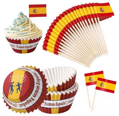 HOMAVEL Juego de 200 moldes para magdalenas y palillos de dientes de España, 100 moldes de papel para magdalenas + 100 banderas para fiestas, decoración del Mundial de Fútbol 2026 para hornear, comida