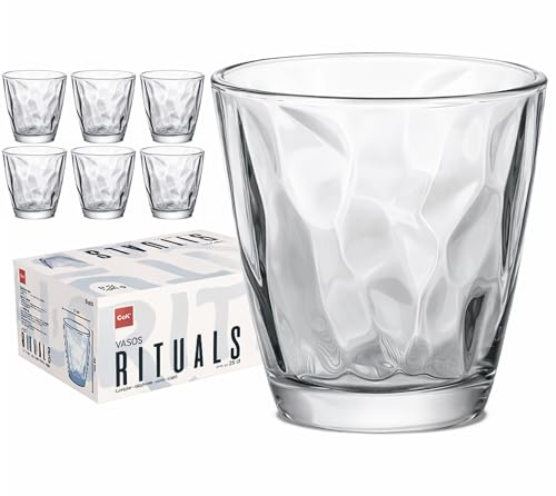 6 Vasos Diamond Ritual - Envio 24h - Perfecto para uso en Casa, Restaurante y en Fiesta, Ligeros y Resistentes con acabado de diamante - Alta Categoría (Transparente, 25 cl)