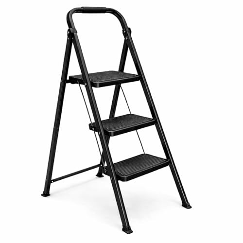 Escabeau 3 Marches Pliable - Marche Pied Antidérapant et Stable avec Poignée en Acier Robuste - Échelle de Bricolage Compacte pour Maison et Jardin - Charge 150 Kg
