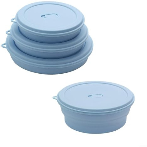 GLFLOW Set di ciotole pieghevoli in silicone con coperchi, 3 misure pieghevoli, piatti da campeggio, contenitori per alimenti compatti per escursioni e picnic, BPA (3 pezzi blu)