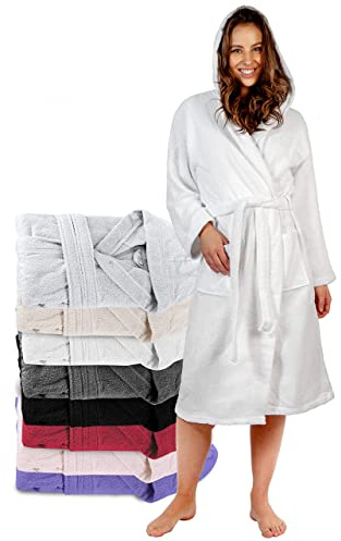 Twinzen Bademantel Damen - 100% Baumwolle (350g/m²) OEKO-TEX® Zertifiziert - Morgenmantel Damen mit Kapuze, 2 Taschen, Gürtel - Weiß - XS