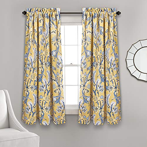 Lush Decor Dolores Light Filtering Window Panels, Pair, 52 W x 63 L, Yellow - Toile Curtains - Floral Bird Print - Grandmillennial & French Country Curtains - Cottage & Maximalist Home Decor
