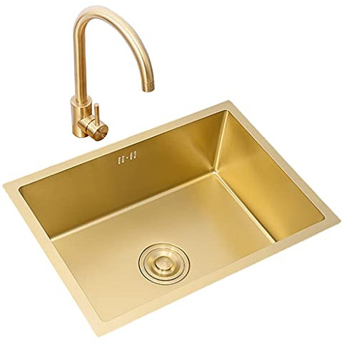 Küchenspülen Einzelnes Becken In Gebürstetem Gold Spüle Aus Edelstahl Quadratische Einbau- Oder Unterbauspüle Mit Wasserhahn Und Abfluss (Color : Gold, Size : 55×40cm)