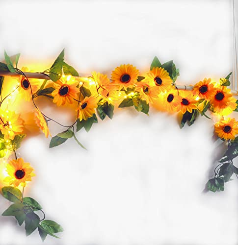 4 Pack 8.8FT Artificial Sunflower Garland with 200 LED Fairy String Lights,Fake Vines Faux Sunflowers Hanging Garland Silk Flowers Hanging Plant for Indoor,Outdoor,Wedding,Wall,Birthday Party