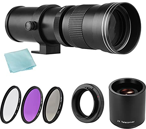 Andoer Kameralins F/8,3–16 420–800 mm med UV/CPL/FLD filtersats, 2 x 420–800 mm telekonverter, T2-EOS adapterring för Canon EF-Mount EOS Rebel T7 T7i T6 T6i T5 SL2 80D 70D 60D 5D 0D