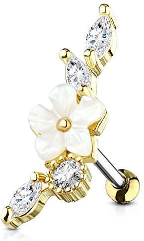 Stachelkleid Blume Perlmut Zirkonia Helix Ohrring Piercing Ohr Barbell Chirurgenstahl 316L (Gold)