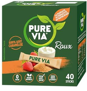 Pure Via - Roux - Sticks - Faible teneur en calorie, Zéro Sucre - 40 sticks - Alternative d'Origine Naturelle au Sucre Roux | 60g