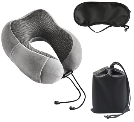 MEMOFYND 1 cojín cervical de viaje de espuma viscoelástica con máscara para los ojos, bolsa de almacenamiento, cojín semicircular, cojín para sentarse, cojín para siesta, adecuado para trabajadores de