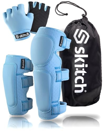 SKITCH Skateboard Protective Safety Gear Set for Kids Teens | Premium Lycra Sport Knee Pads + Elbow Pads + Padded Gloves + Carry Bag | Scooter Roller Skate Inline Skating Rollerblading | Cool Blue (S)