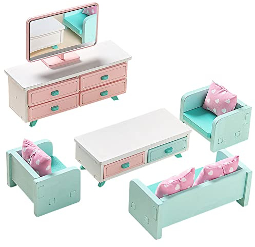 1:12 Mini Juegos de Muebles de Casas de Muñecas,Juego de 10 Set Mobiliario de Madera en Miniatura Juegos de Imaginación Simulación Mueble de TV, Sofá y Mesa y Silla, Juguete para Niños,Rosado(salón)