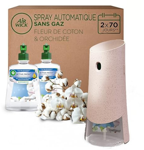 Air Wick Désodorisant Maison Spray Automatique Sans Gaz Active Fresh - 1 Diffuseur + 2 Recharges Parfum Fleur de Coton + Orchidée