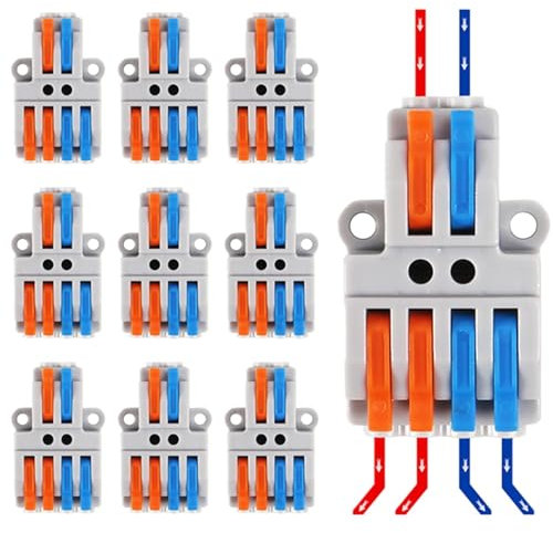 Dealikee 10 Stück Verbindungsklemme, 2 in 4 raus Kabelverbinder, Drahtverbinder Steckklemme mit Hebel für 0.5mm²-4mm², Elektro Lüsterklemmen mit Hebel für Anschlussblöcke Elektrische