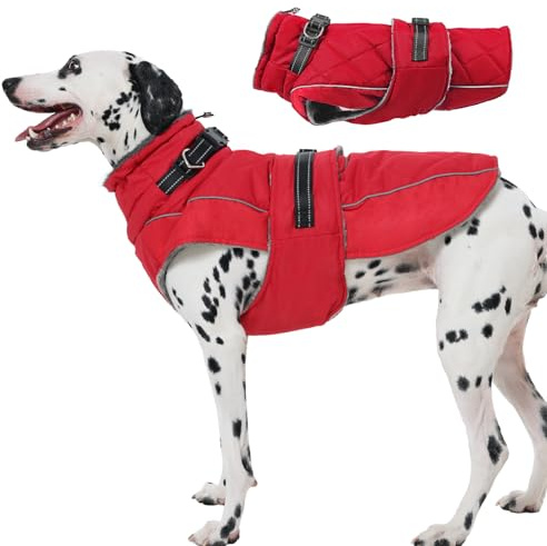 Kattinst hundjacka vinter svart L, fleece vinterrock hund med hög fleecekrage, hundrock med magskydd, varm hundrock vattentät för dalmatiner, cocker spaniel, röd, L