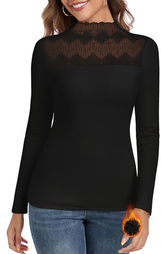 WOWENY, maglietta termica da donna a maniche lunghe, con pizzo caldo, top da donna, maglietta termica da donna, maglietta funzionale da donna, maglione a collo alto, sottoveste intima invernale, Nero