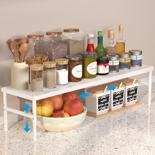 HI NINGER Organizador de Cocina Expandible de 42–72 cm, Especiero para Cocina Ajustable y Apilable, Estante Organizador para Armario, Apto para Encimeras de Diferentes Anchuras (Blanco)