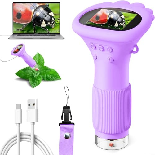 Microscopio para niños, Ashfly 1000X - Microscopio de Bolsillo con Pantalla IPS de 2,0 (USB Microscope, 8 Luces LED, conexión a PC, Mini microscopio Infantil para Juguetes de Pascua, Color Morado)