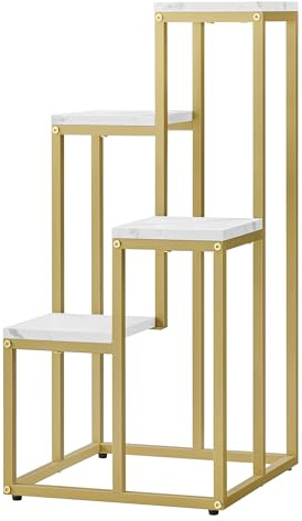 MAT-HAUS Furniture and home decor blomställ med 4 våningar – stabil växthylla av metall, platsbesparande växttorn för vardagsrum, sovrum (marmor – guld)