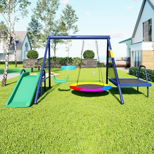 ACAGALA Set di altalene 4 in 1, scivolo, trampolino, altalena a nido rotondo e altalena in plastica, altalena per bambini con struttura, combinazione di altalene per esterni, paradiso dei giochi