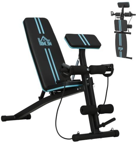 HOMCOM Hantelbank, Multifunktion Trainingsbank mit 7-fach verstellbarer Rückenlehne, Klappbar Fitnessbank bis 300 kg belastbar, für Zuhause, Bizeps-Curls, Langhantel, Stahl